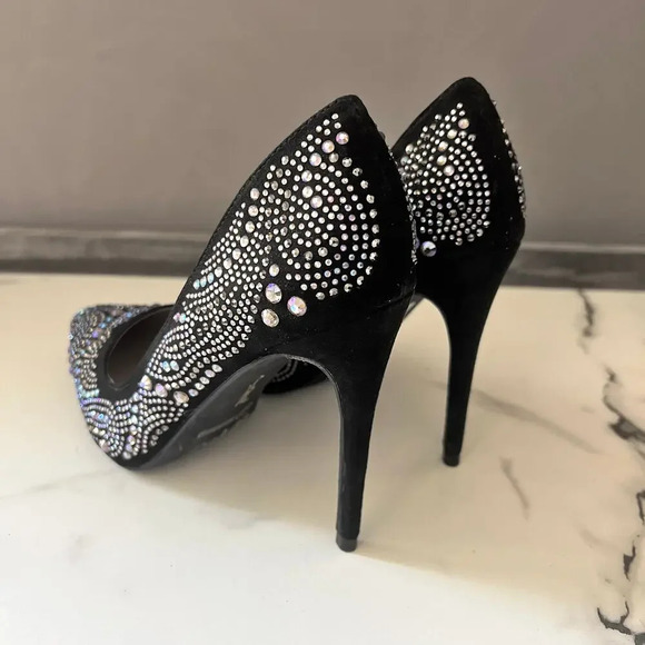 Anne Michelle Black Suede Rhinestone Pumps Size 8 - Picture 7 of 11